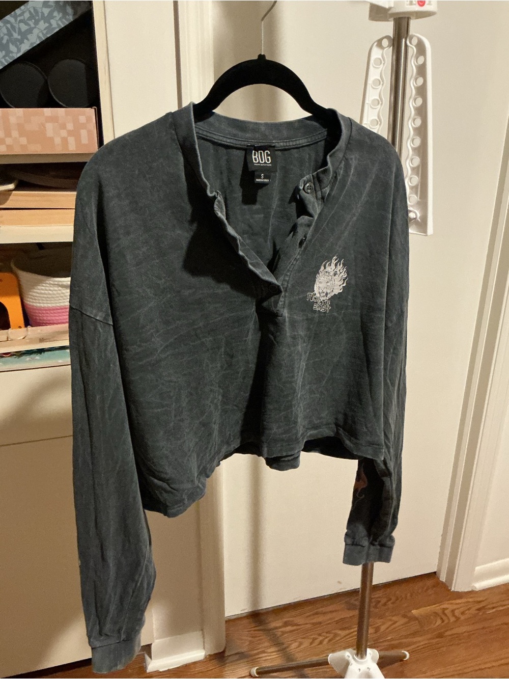 BDG Washed Black Cropped Long-Sleeve Henley with Chest Graphic